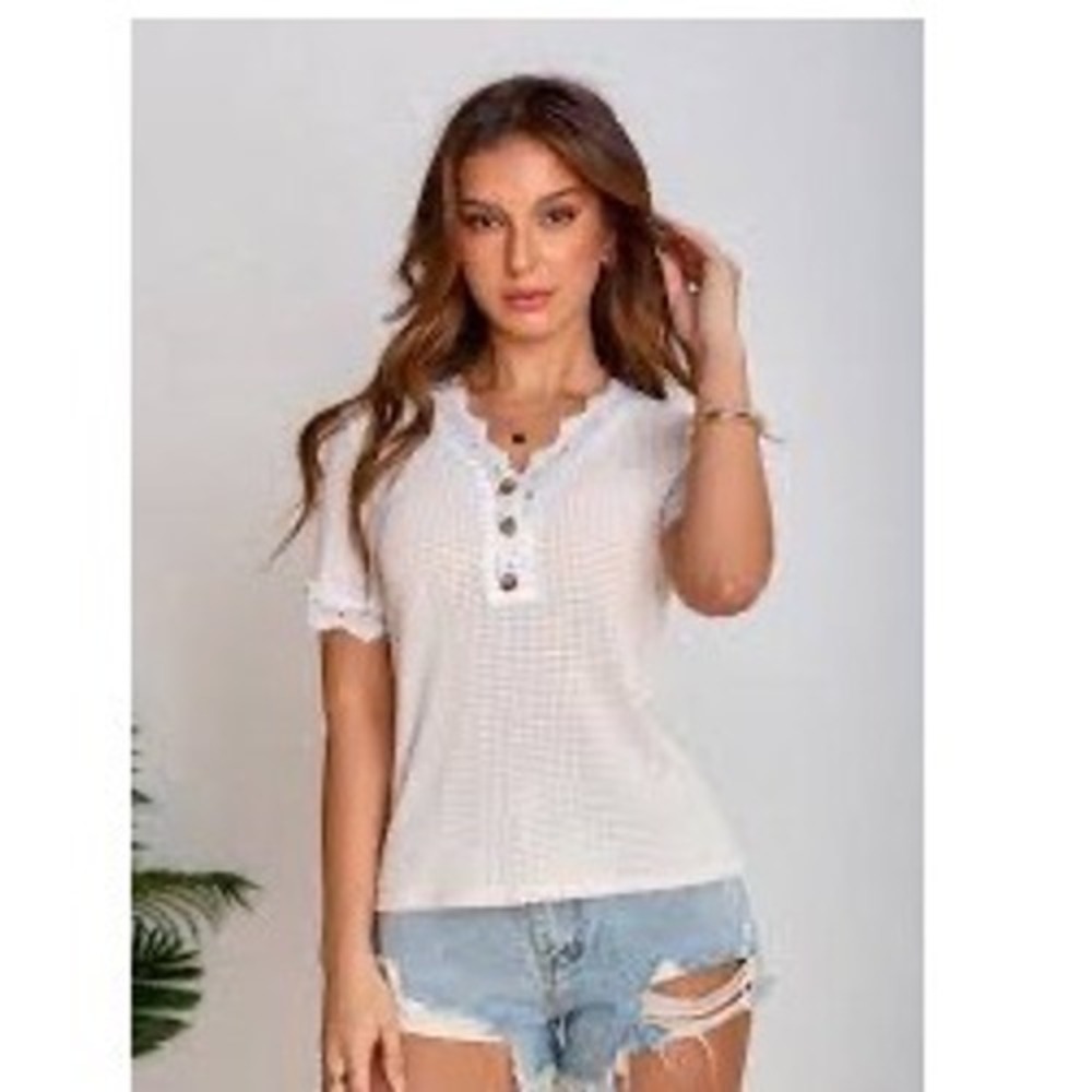 Cupshe Cream Waffle Knit Henley Top Crochet Lace Trim Short Sleeve New